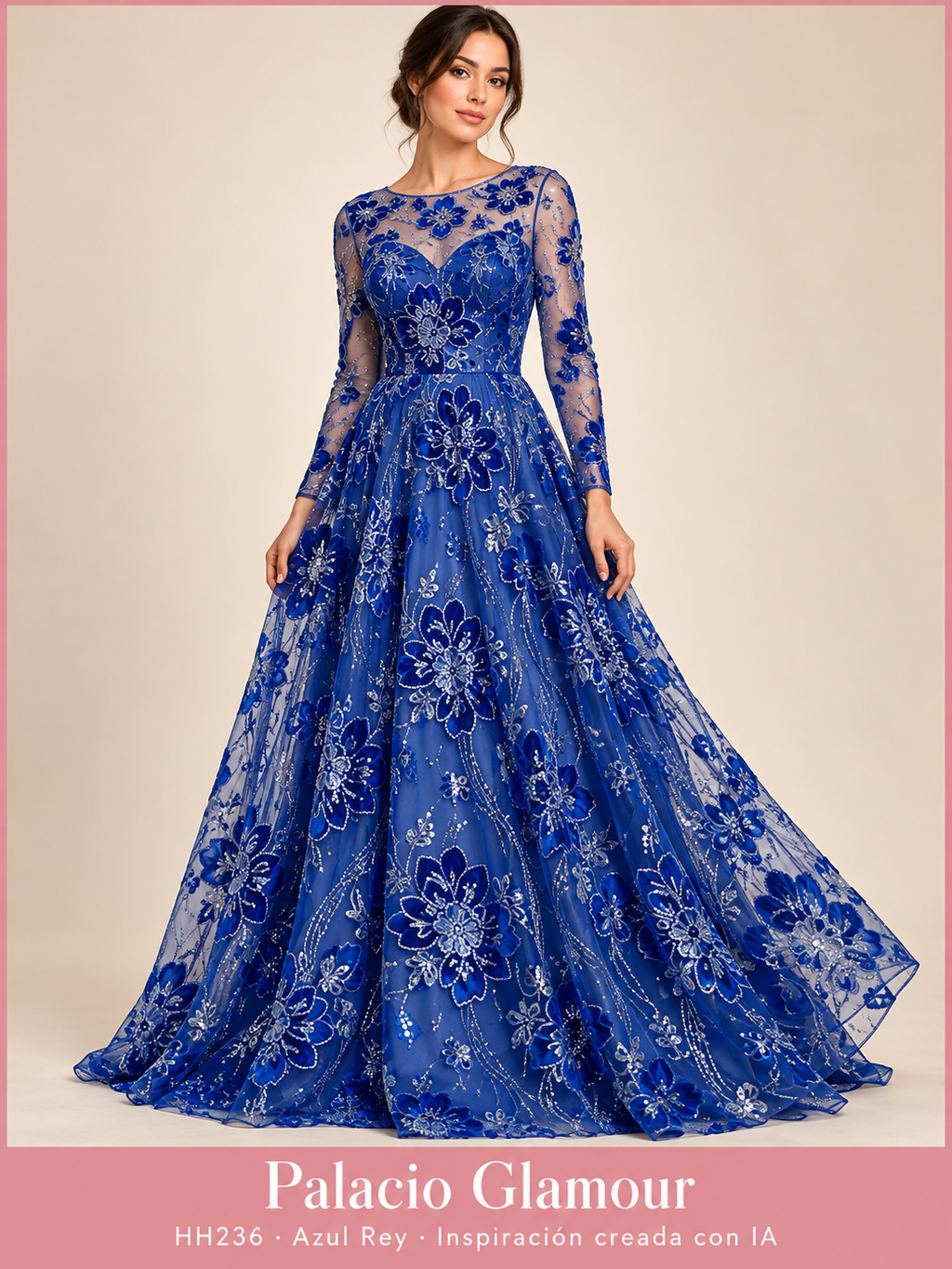 Tul bordado HH236 · Todos sus colores · Azul Rey · Vestido de inspiración creado con IA a partir de la tela
