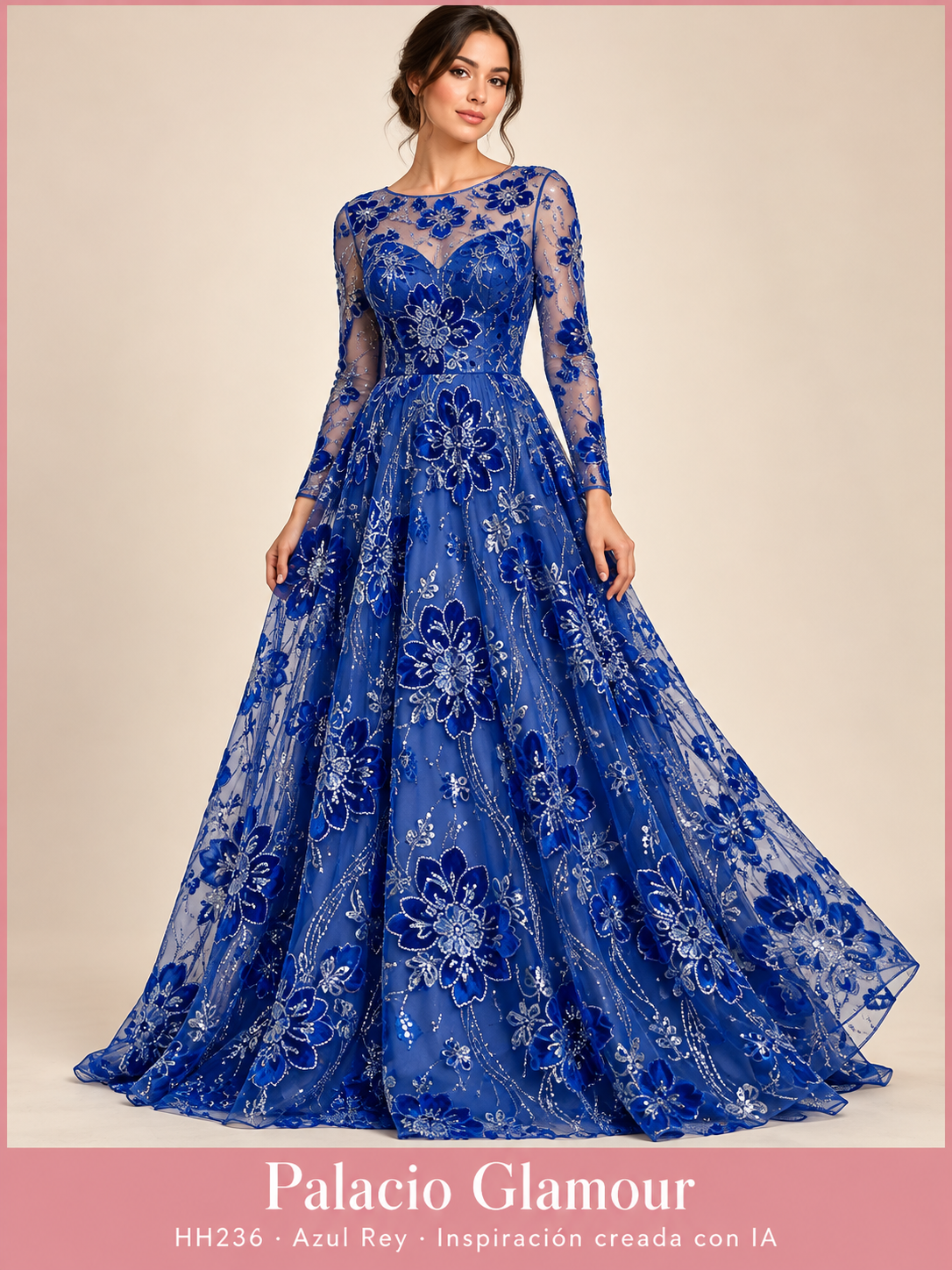 Tul bordado HH236 · Todos sus colores · Azul Rey · Vestido de inspiración creado con IA a partir de la tela