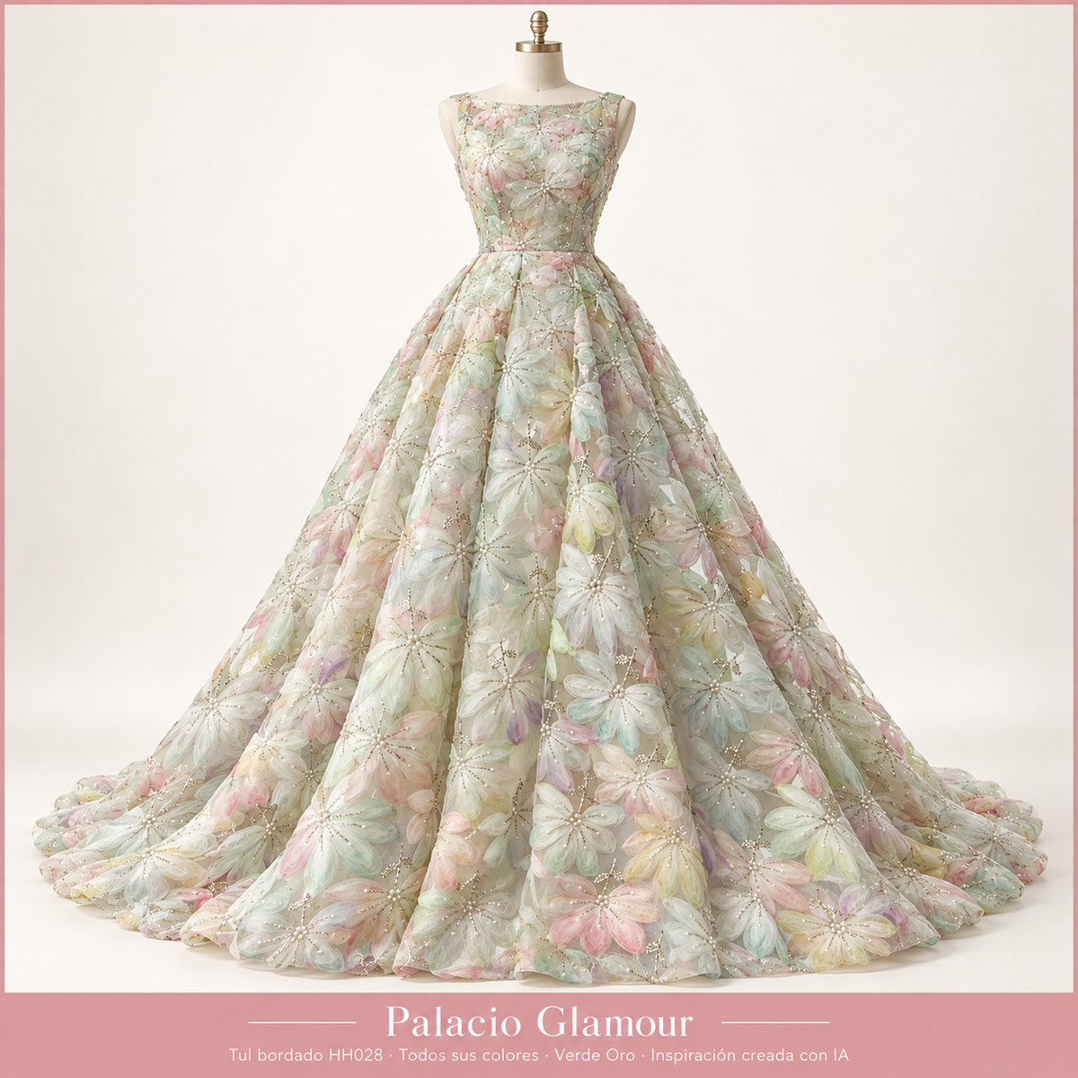 Tul bordado HH028 · Todos sus colores Verde Oro · Vestido de inspiración creado con IA