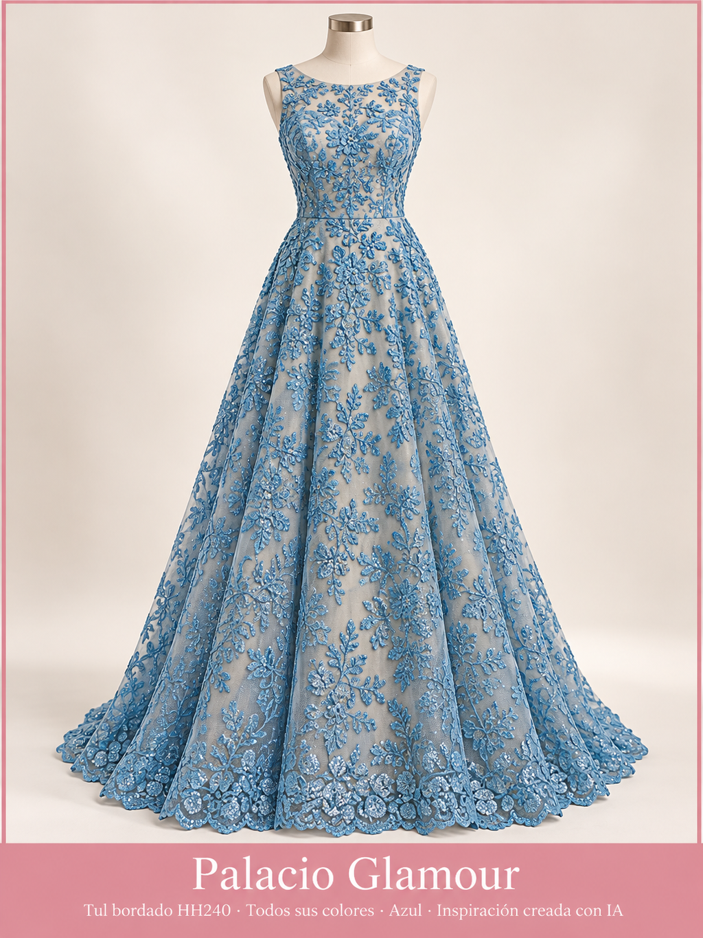 Tul bordado HH240 · Todos sus colores Azul · Vestido de inspiración creado con IA