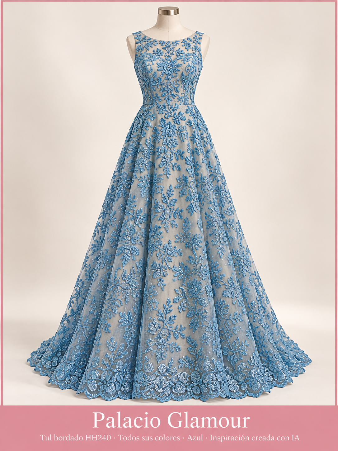 Tul bordado HH240 · Todos sus colores Azul · Vestido de inspiración creado con IA