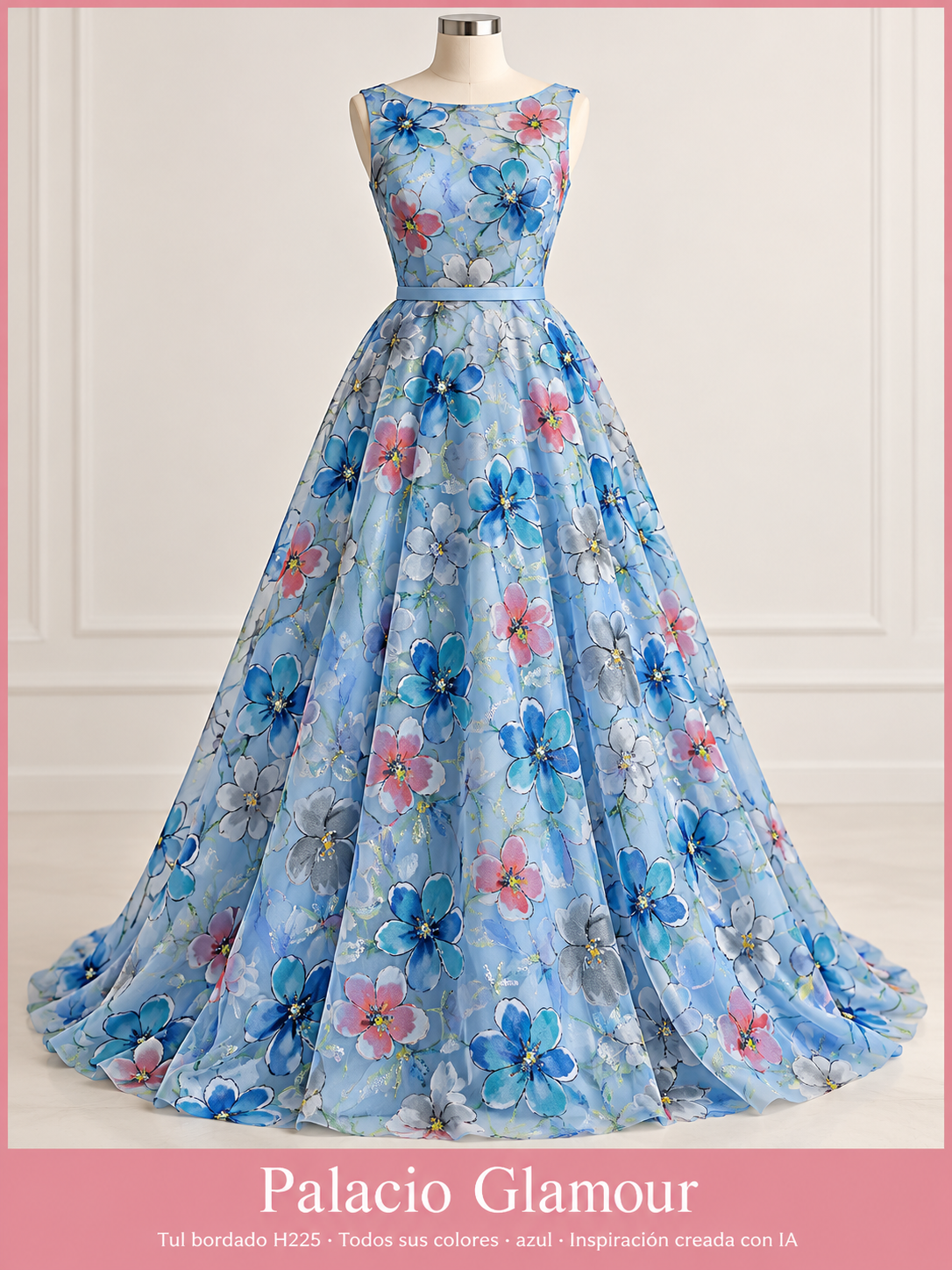 Tul bordado H225 · Todos sus colores azul · Vestido de inspiración creado con IA
