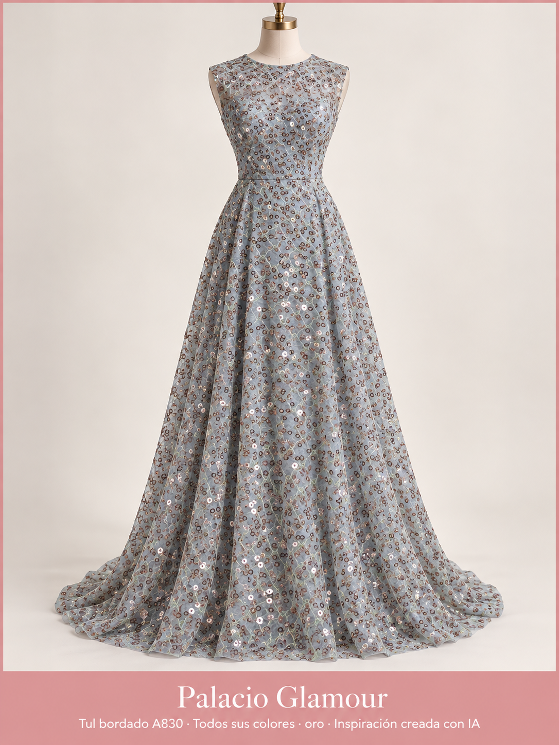 Tul bordado A830 · Todos sus colores oro · Vestido de inspiración creado con IA