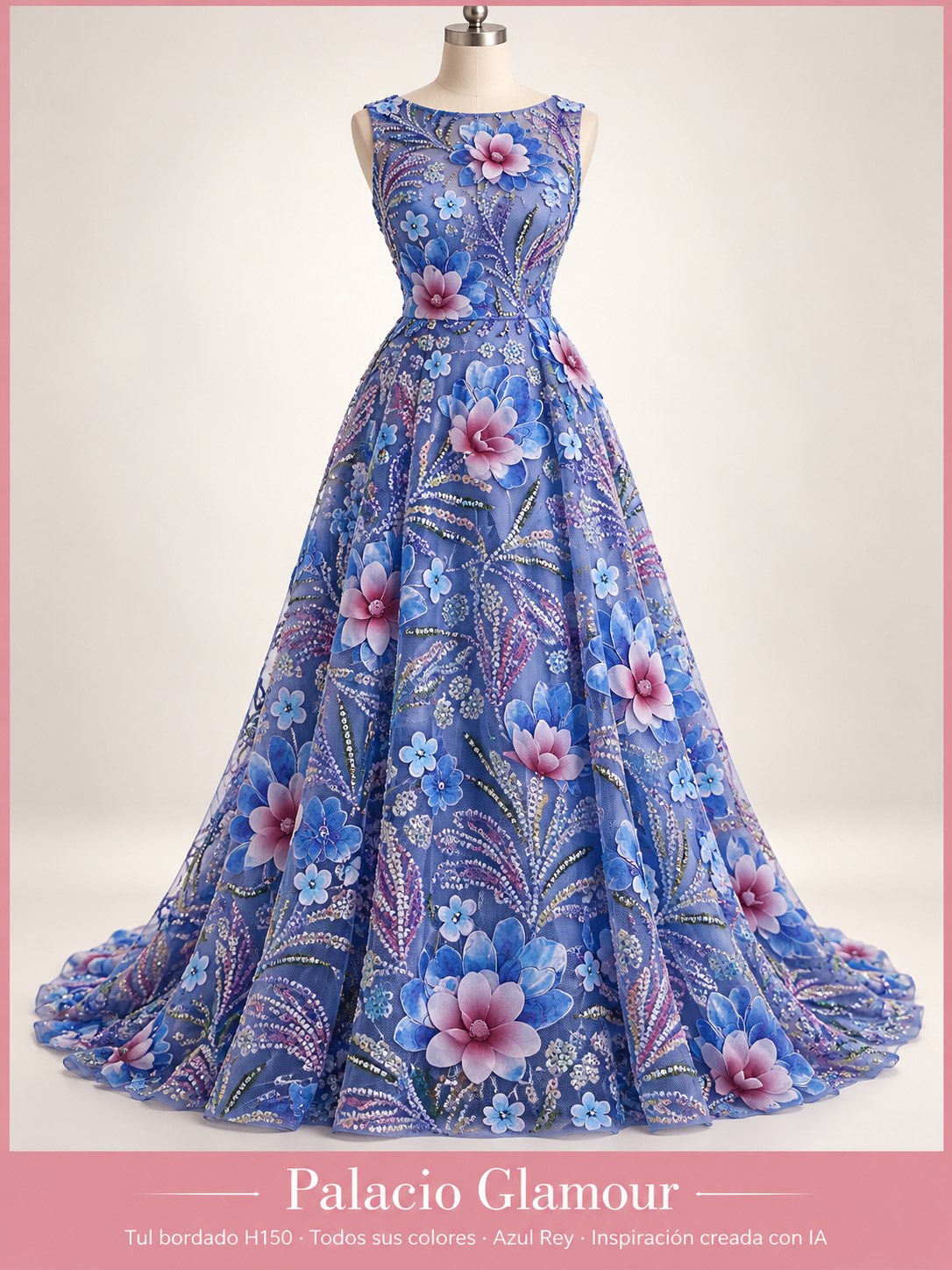 Tul bordado H150 · Todos sus colores Azul Rey · Vestido de inspiración creado con IA