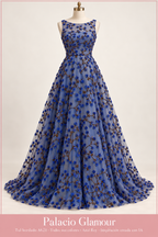 Tul bordado A621 · Todos sus colores Azul Rey · Vestido de inspiración creado con IA