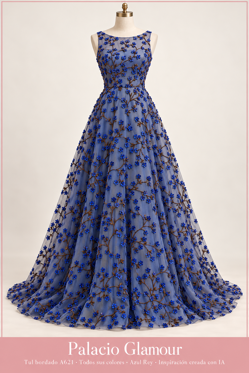 Tul bordado A621 · Todos sus colores Azul Rey · Vestido de inspiración creado con IA