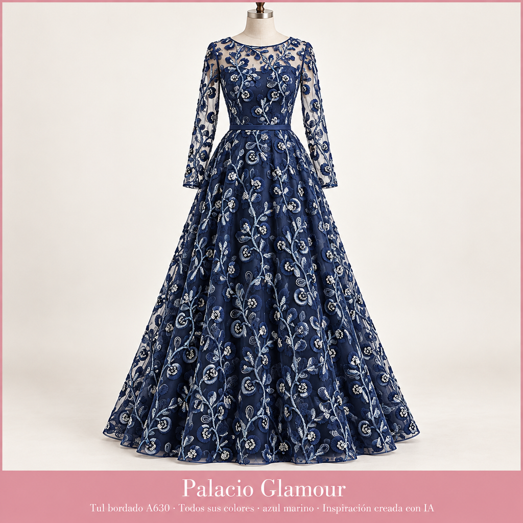 Tul bordado A630 · Todos sus colores azul marino · Vestido de inspiración creado con IA