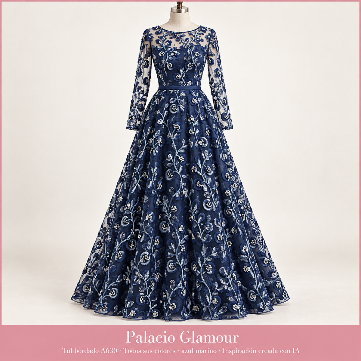 Tul bordado A630 · Todos sus colores azul marino · Vestido de inspiración creado con IA