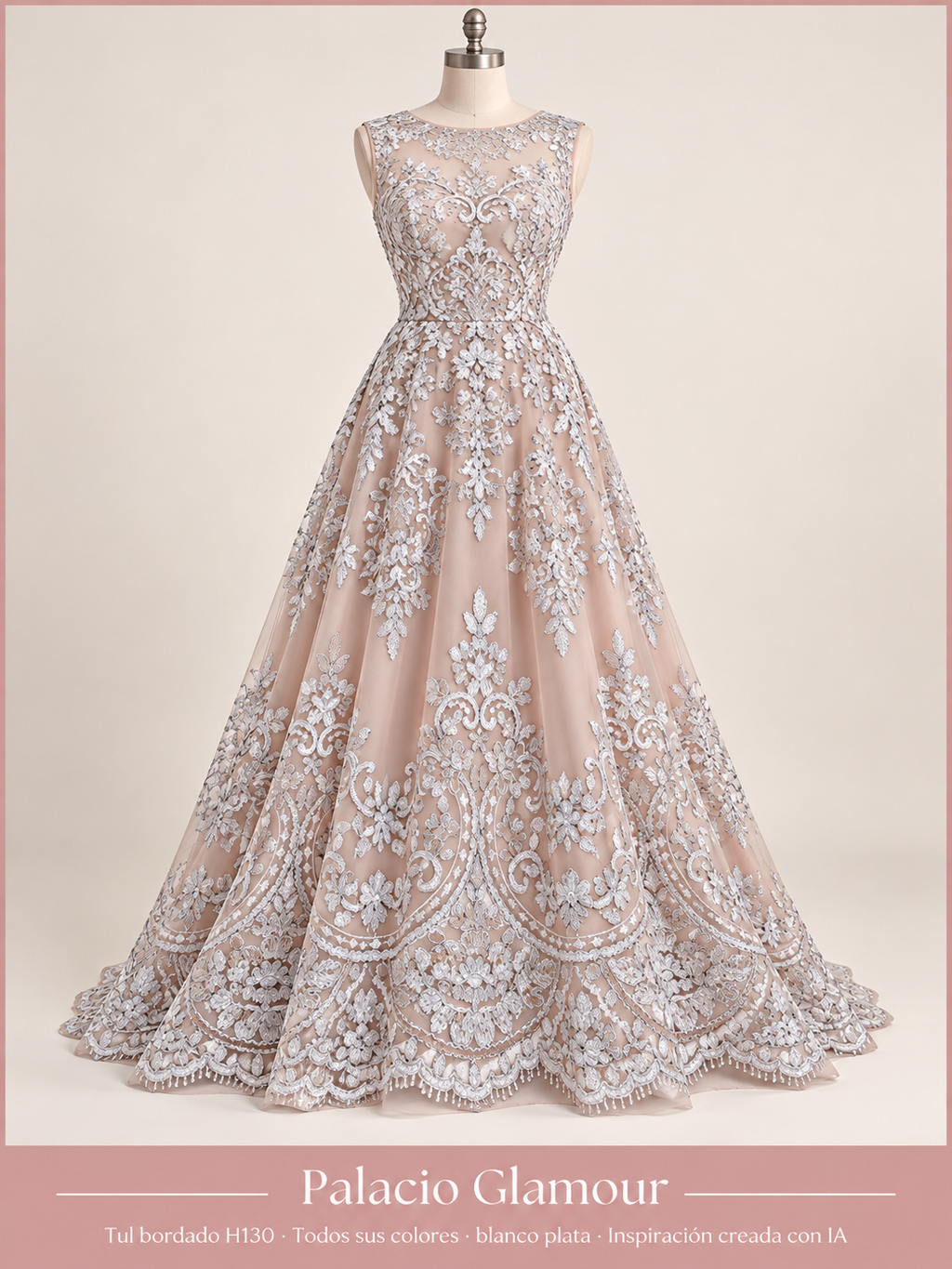 Tul bordado H130 · Todos sus colores blanco plata · Vestido de inspiración creado con IA