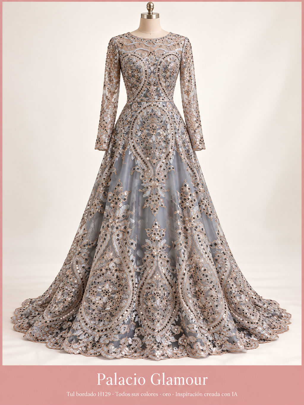 Tul bordado H129 · Todos sus colores oro · Vestido de inspiración creado con IA