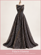 Tul bordado H034 · Todos sus colores oro · Vestido de inspiración creado con IA