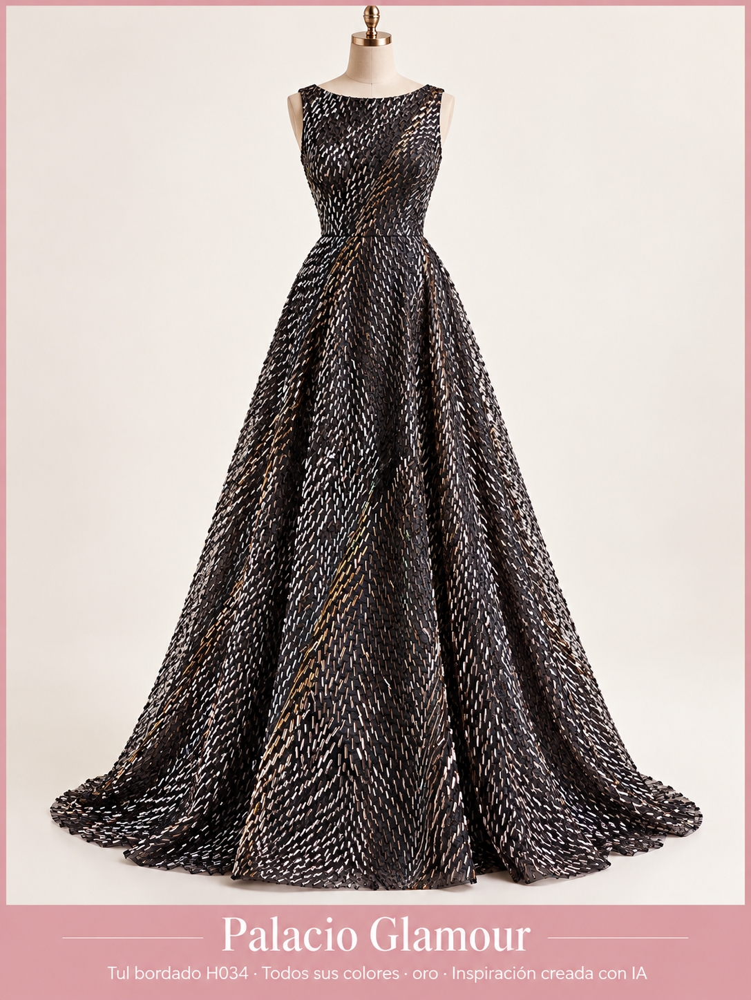 Tul bordado H034 · Todos sus colores oro · Vestido de inspiración creado con IA