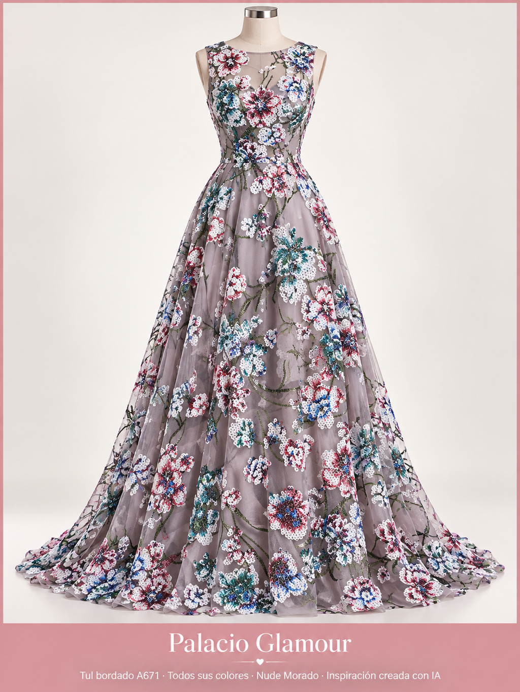 Tul bordado A671 · Todos sus colores Nude Morado · Vestido de inspiración creado con IA