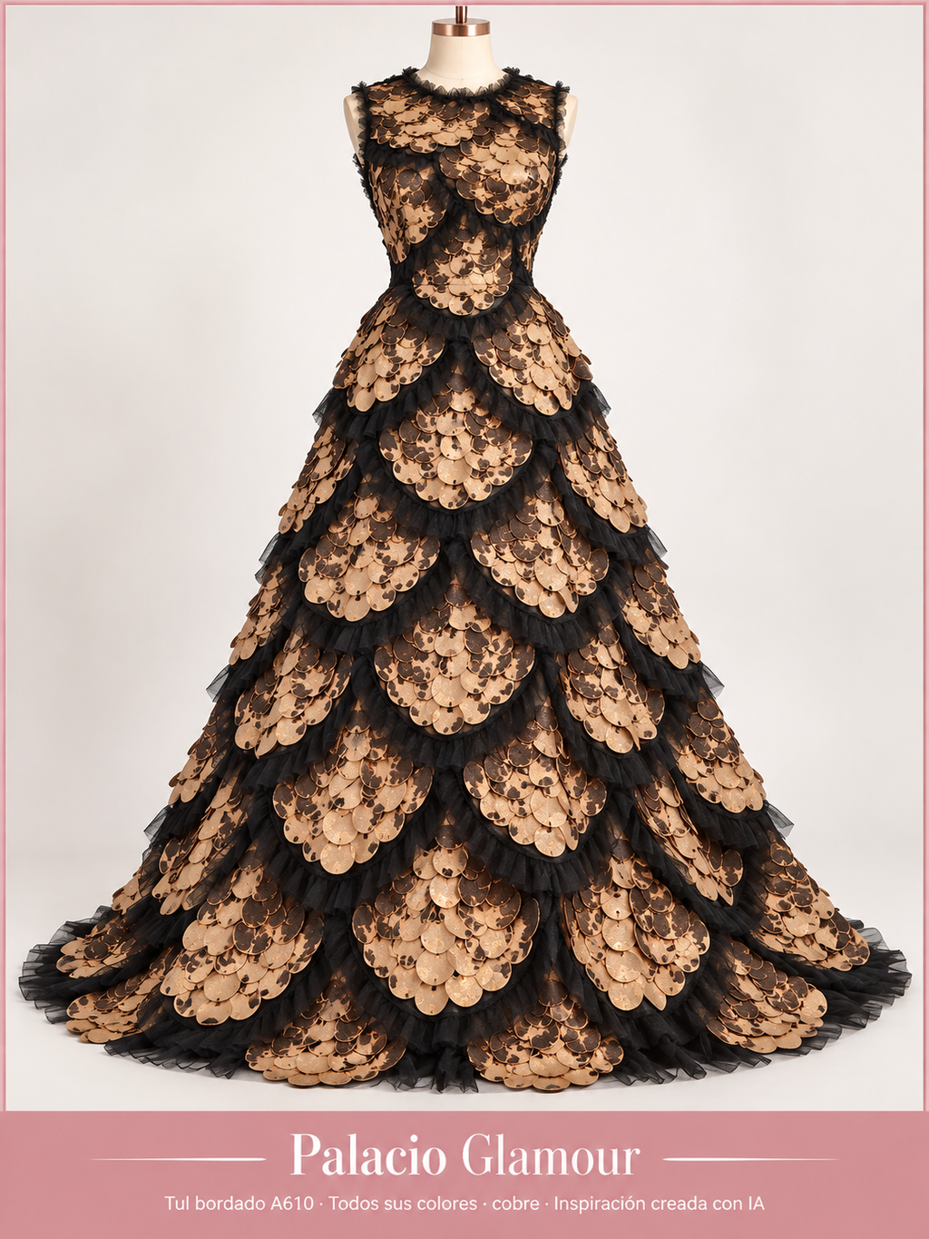 Tul bordado A610 · Todos sus colores cobre · Vestido de inspiración creado con IA
