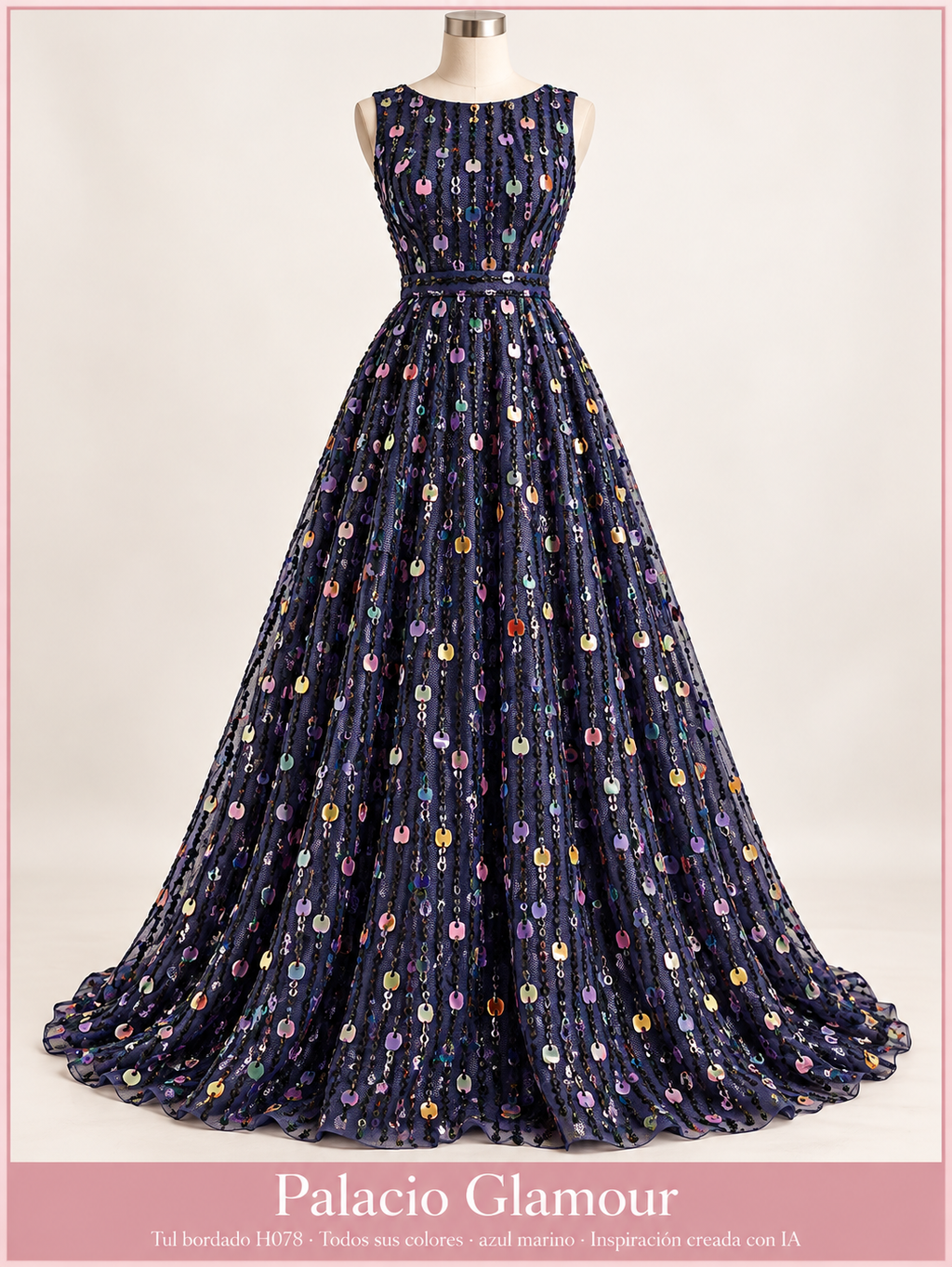 Tul bordado H078 · Todos sus colores azul marino · Vestido de inspiración creado con IA