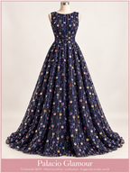 Tul bordado H078 · Todos sus colores azul marino · Vestido de inspiración creado con IA