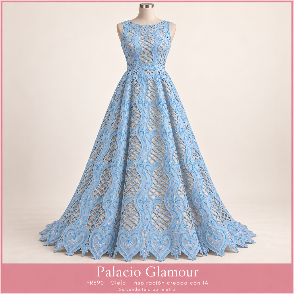 FR890 CIELO · Vestido ilustrativo creado con IA a partir de la tela real · Palacio Glamour · Se vende tela por metro