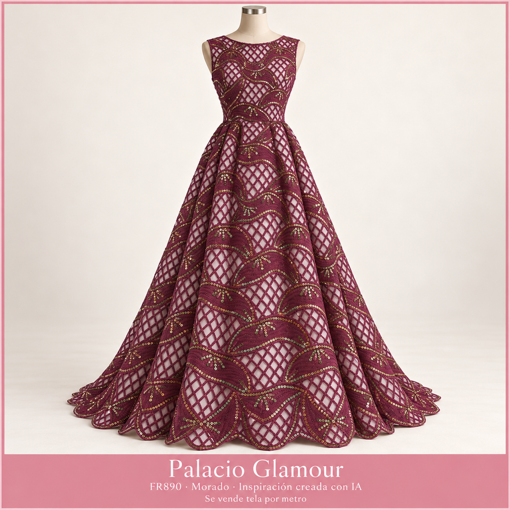 FR890 MORADO · Vestido ilustrativo creado con IA a partir de la tela real · Palacio Glamour · Se vende tela por metro