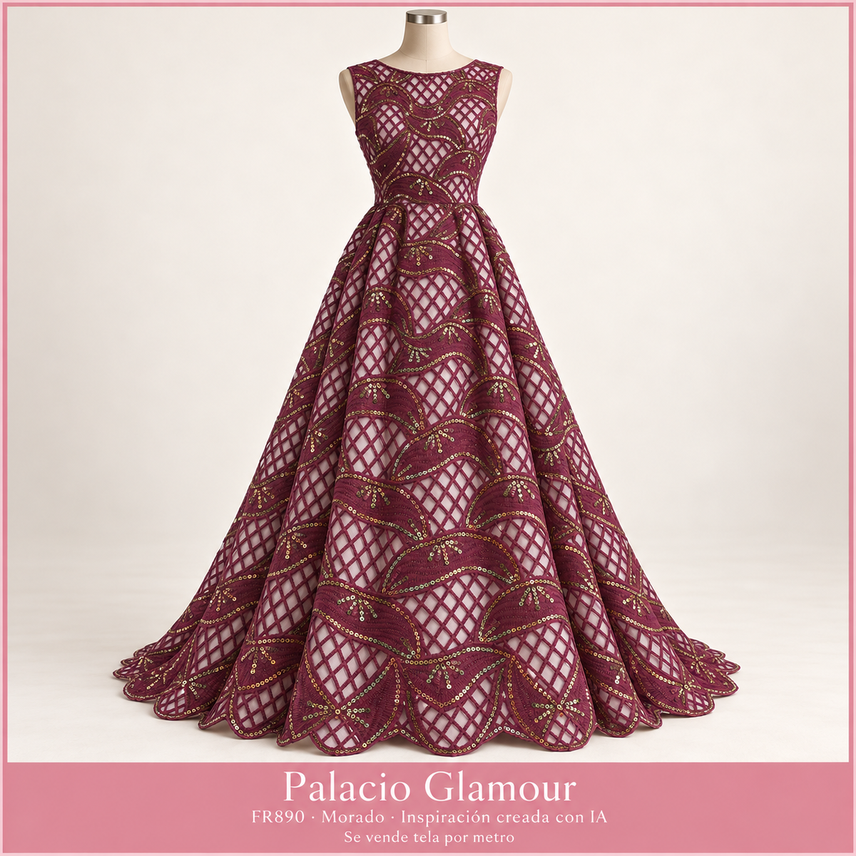 FR890 MORADO · Vestido ilustrativo creado con IA a partir de la tela real · Palacio Glamour · Se vende tela por metro