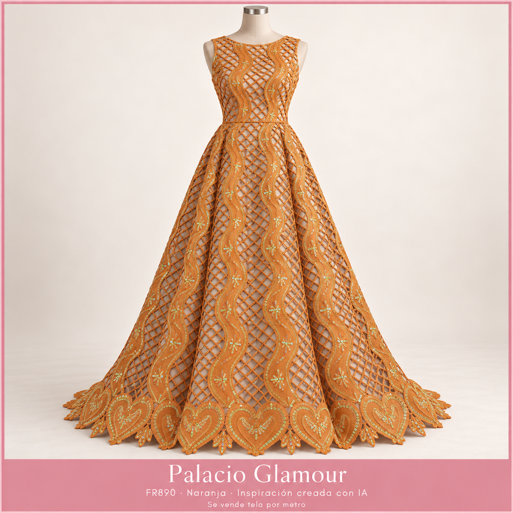 FR890 NARANJA · Vestido ilustrativo creado con IA a partir de la tela real · Palacio Glamour · Se vende tela por metro
