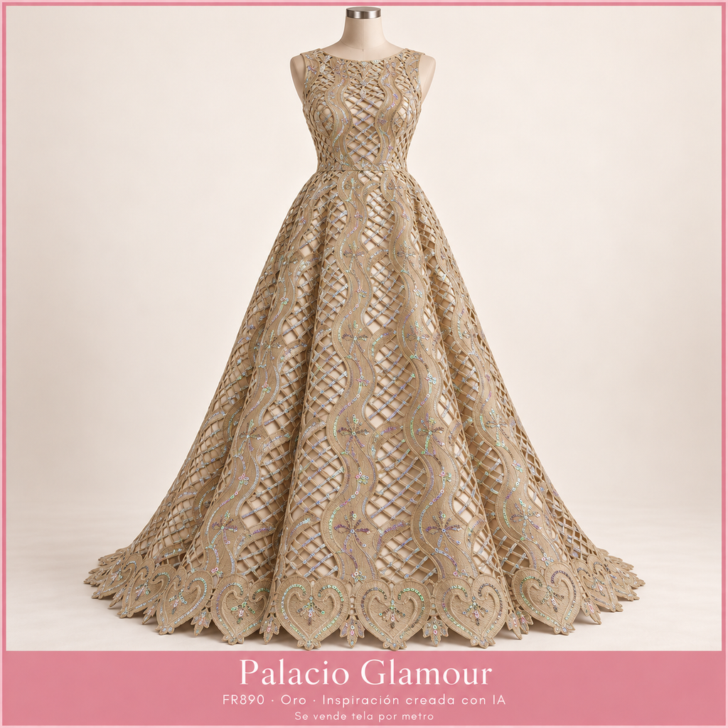 FR890 ORO · Vestido ilustrativo creado con IA a partir de la tela real · Palacio Glamour · Se vende tela por metro