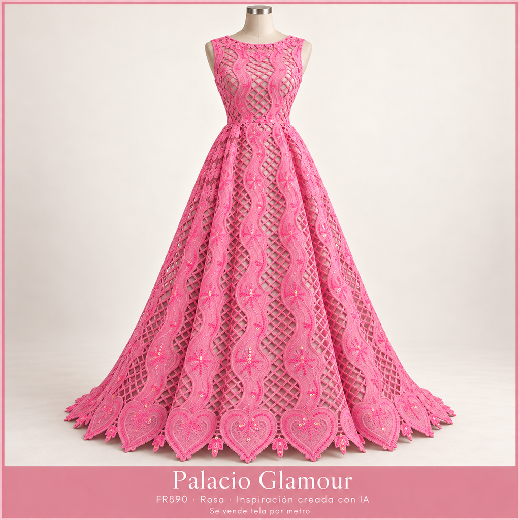 FR890 ROSA · Vestido ilustrativo creado con IA a partir de la tela real · Palacio Glamour · Se vende tela por metro