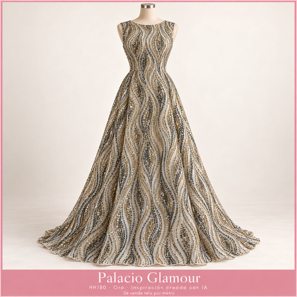 HH180 Oro · Vestido ilustrativo creado con IA fiel a ondas verticales negras y doradas · Se vende tela por metro · Palacio Glamour