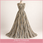 HH180 Oro · Vestido ilustrativo creado con IA fiel a ondas verticales negras y doradas · Se vende tela por metro · Palacio Glamour