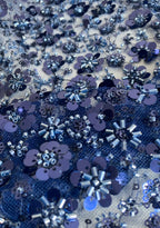 Tul Bordado Con Flores 3d, Lentejuela, Chaquira Y Canutillo Color Azul Marino- HH226 — Palacio Glamour