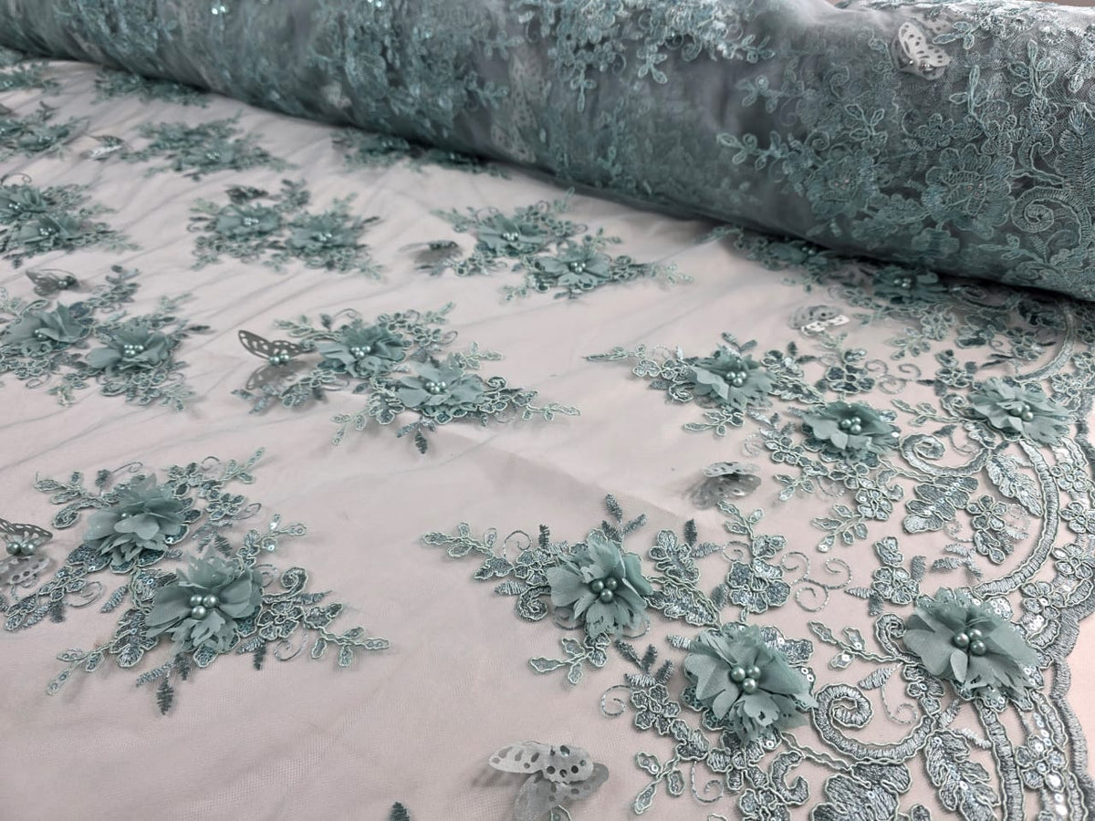 Tul Bordado Con Perlas, Lentejuelas, Mariposas y Flores 3D - HH275 — Palacio Glamour