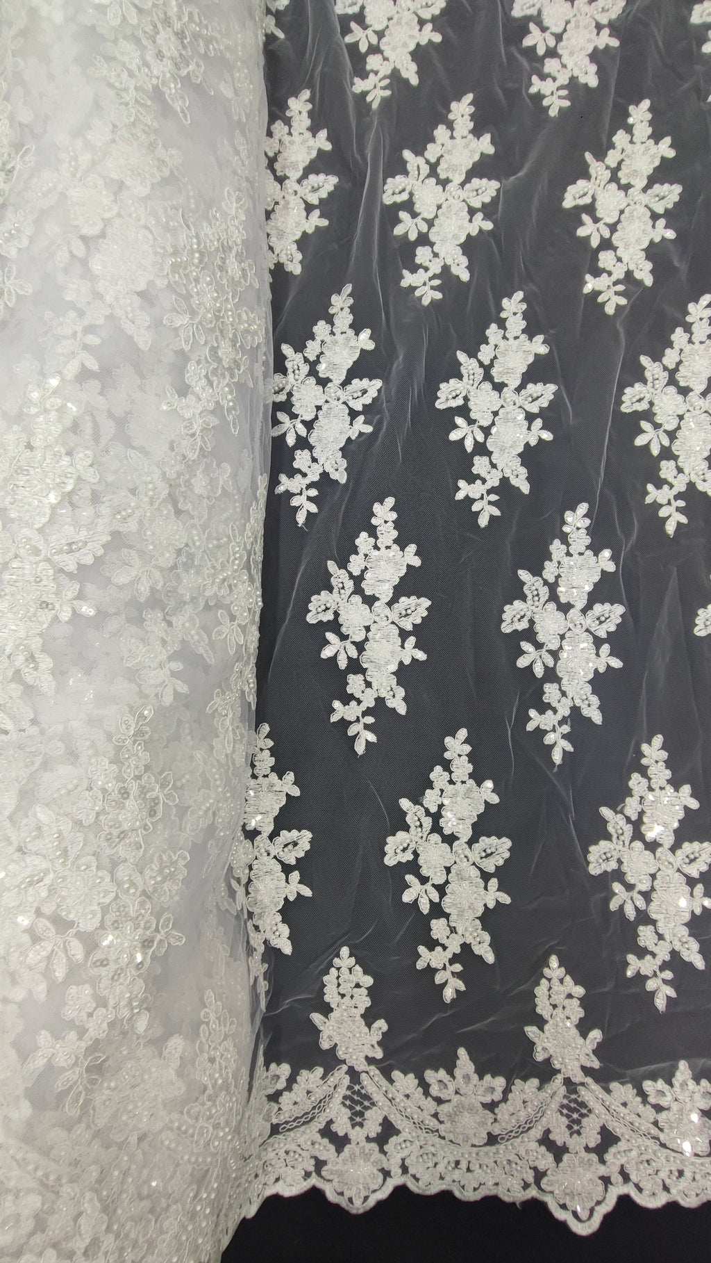 Tul Bordado Floral Con Perlas Y Lentejuela Color Blanco- HH016 — Palacio Glamour