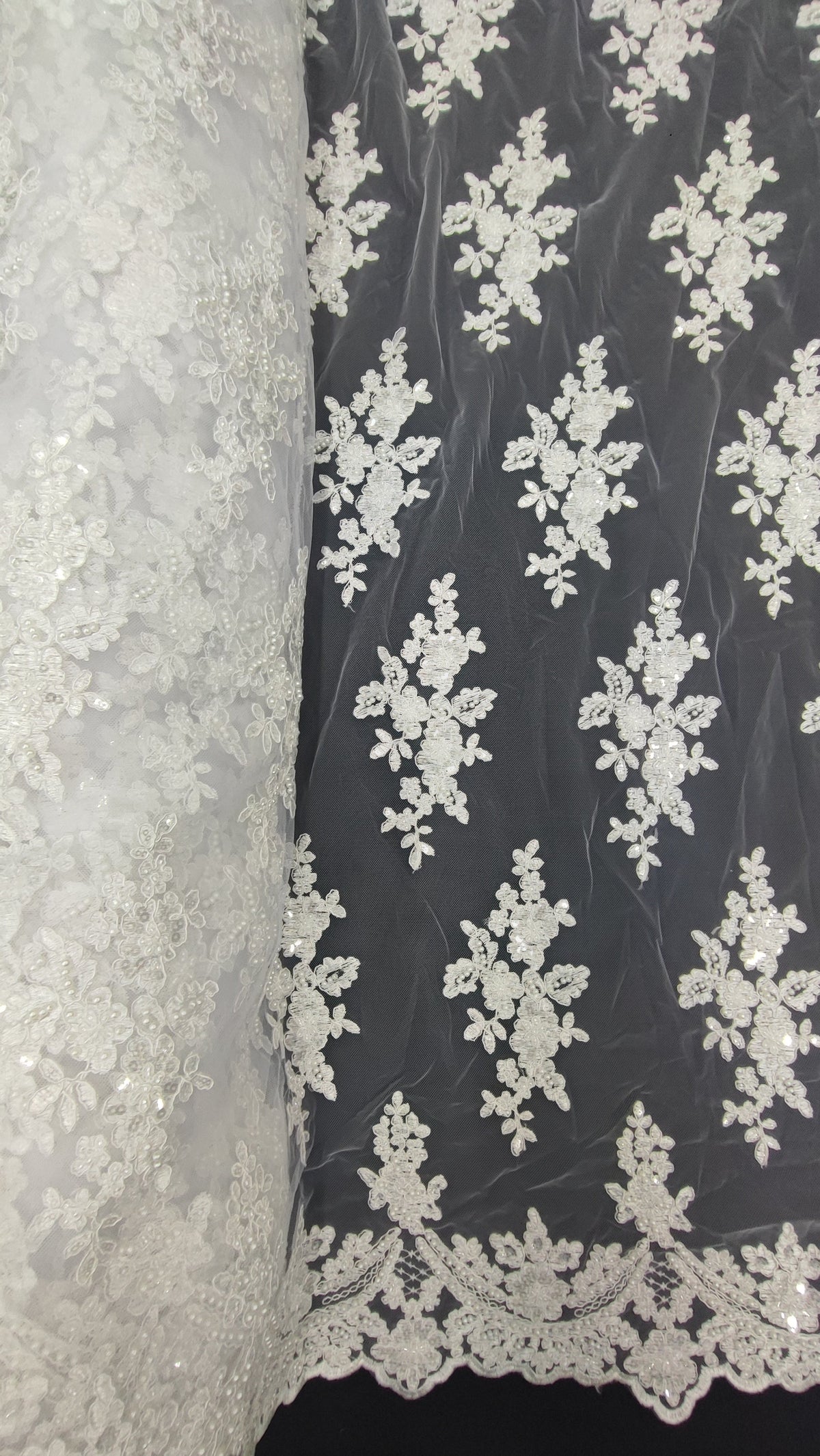 Tul Bordado Floral Con Perlas Y Lentejuela Color Blanco- HH016 — Palacio Glamour
