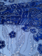 Tul Bordado Con Estampado Floral Aplicaciones de Chaquira Y Lentejuela Color Azul Rey- HH236 — Palacio Glamour