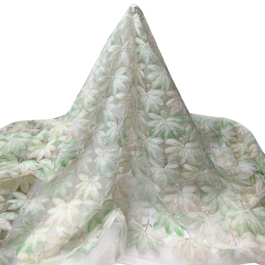 Tul Bordado Floral Con Perlas, Chaquira Y Canutillo Color Verde - HH028 — Palacio Glamour