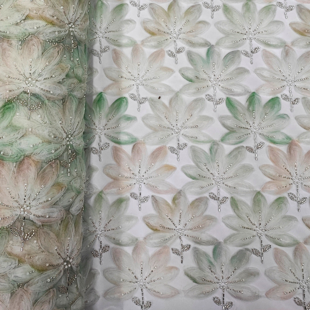 Tul Bordado Floral Con Perlas, Chaquira Y Canutillo Color Verde - HH028 — Palacio Glamour