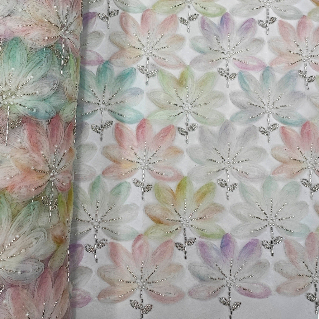 Tul Bordado Floral Con Perlas, Chaquira Y Canutillo Color Verde Oro- HH028 — Palacio Glamour