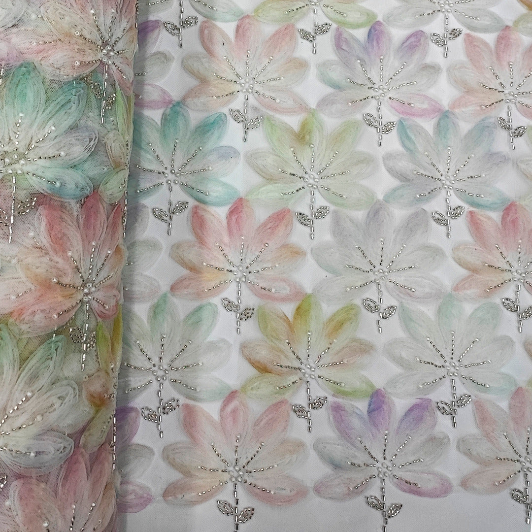 Tul Bordado Floral Con Perlas, Chaquira Y Canutillo Color Verde Oro- HH028 — Palacio Glamour