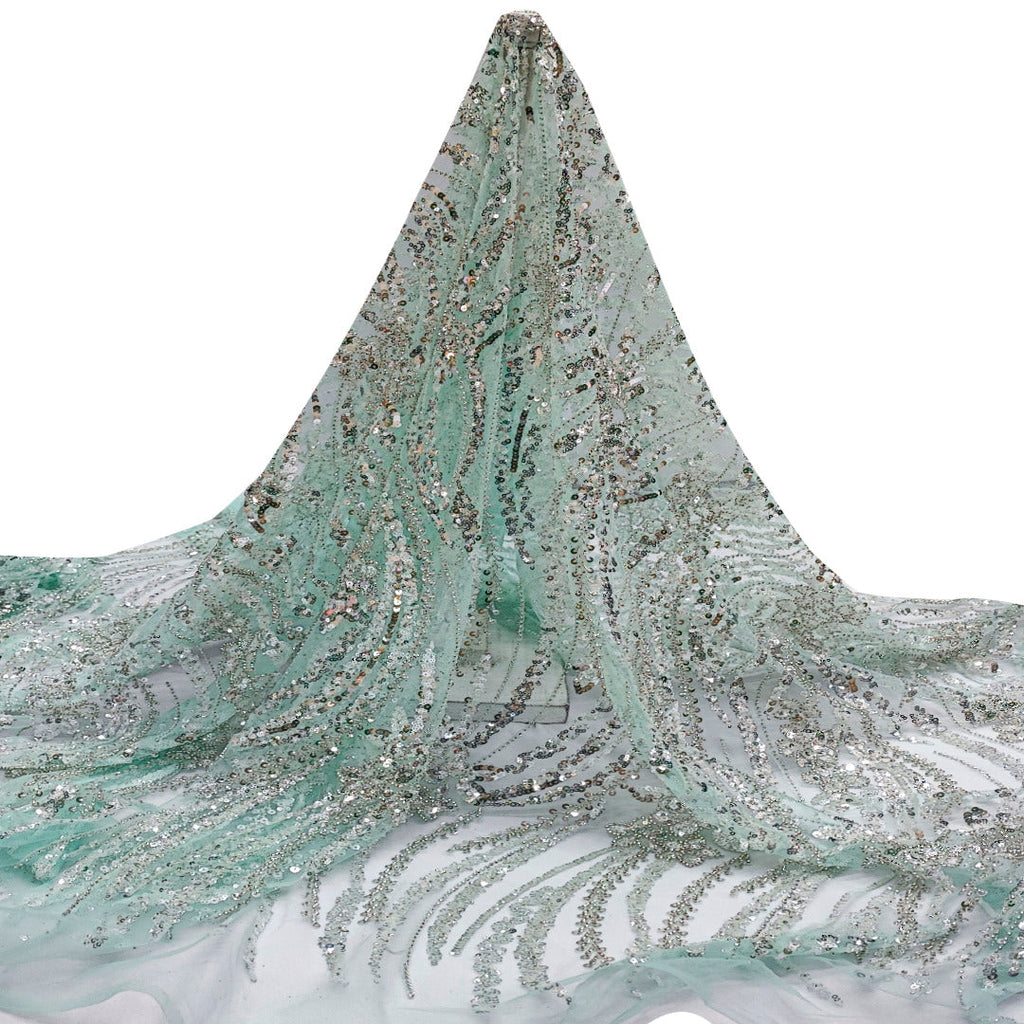 Tul Bordado Con Diseño Con Lentejuela Y Chaquira Color Menta- HH043 — Palacio Glamour
