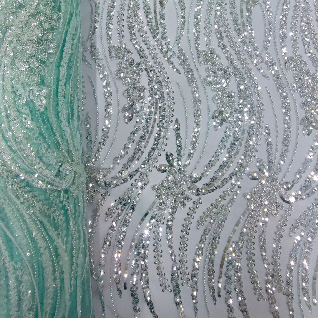 Tul Bordado Con Diseño Con Lentejuela Y Chaquira Color Menta- HH043 — Palacio Glamour
