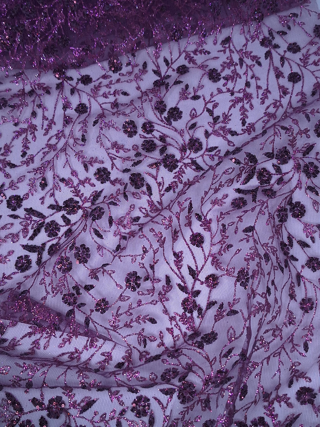 Tul bordado Floral con Glitter Color Lila Morado H036 — Palacio Glamour