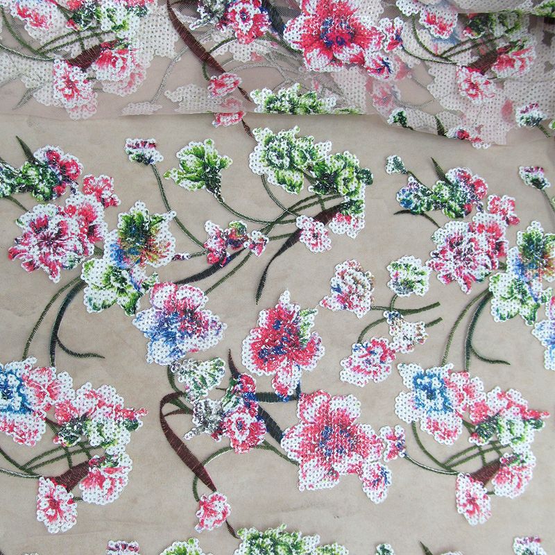 Tul bordado Con Flores de Lentejuela Color Coral A671 — Palacio Glamour