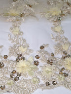 Tul bordado Con Flores 3d, Perla, Lentejuela Color Crema H134 — Palacio Glamour