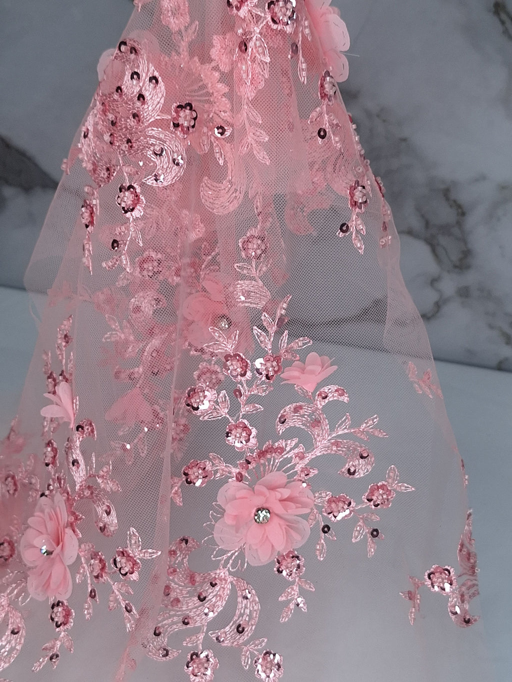 Tul bordado color rosa claro H132 para vestidos de noche, de boda y de XV años — Palacio Glamour