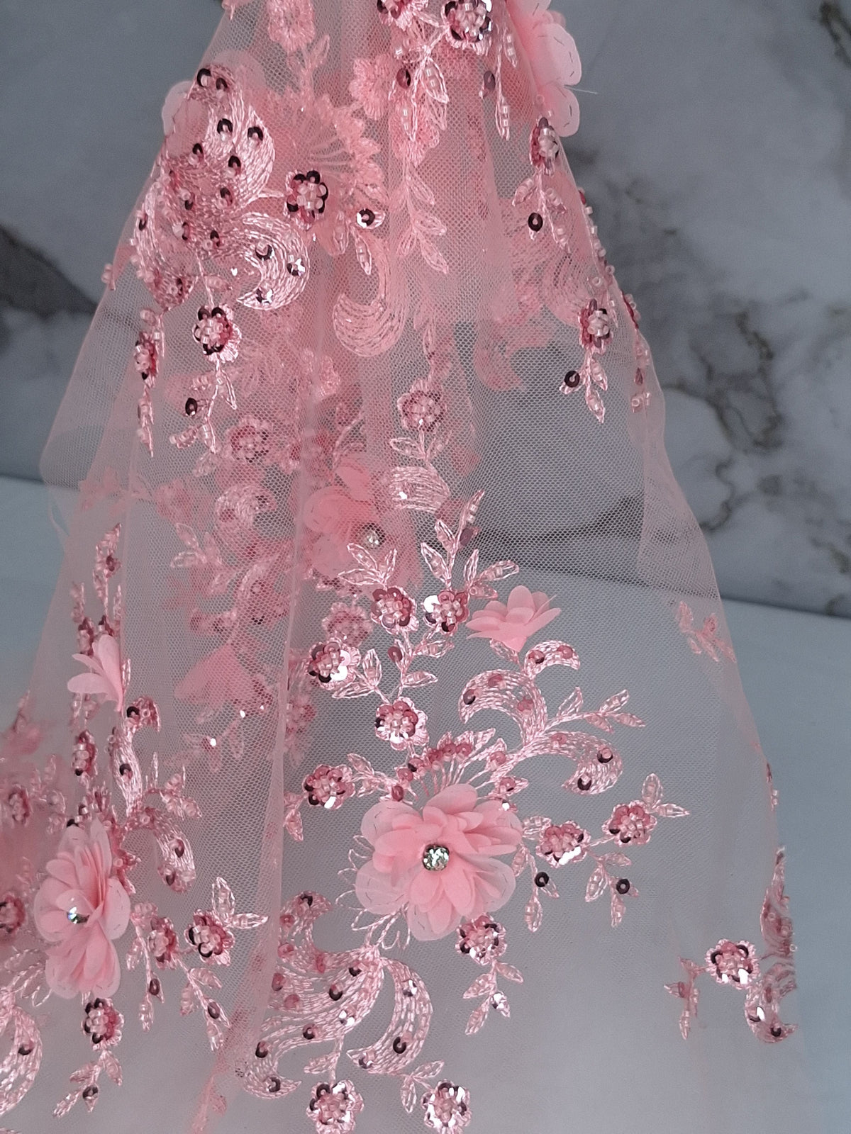 Tul bordado color rosa claro H132 para vestidos de noche, de boda y de XV años — Palacio Glamour