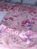 Tul bordado Con Flores 3d, Chaquira y Lentejuela Color Rosa H150 — Palacio Glamour