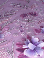 Tul bordado Con Flores 3d, Chaquira y Lentejuela Color Morado Uva H150 — Palacio Glamour
