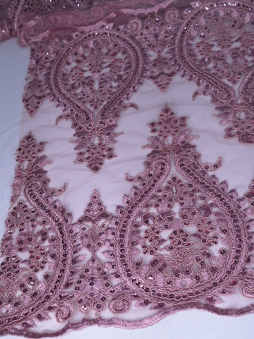 Tul bordado color palo de rosa H129, para vestidos de noche de boda y de XV años — Palacio Glamour