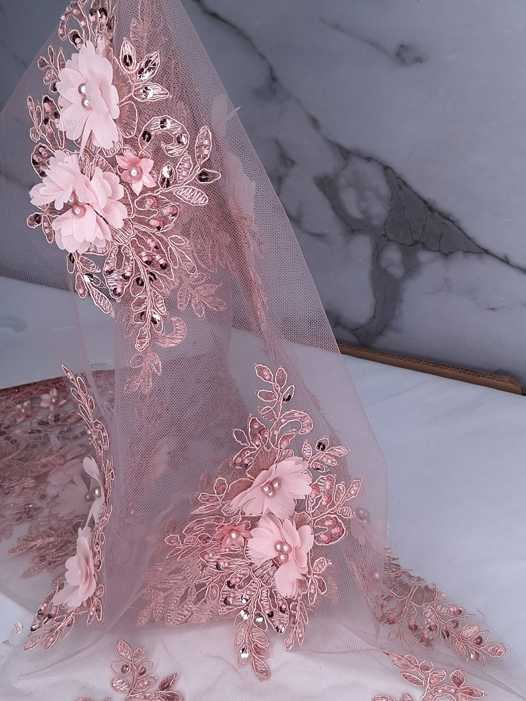 Tul bordado color rosa pastel H163, para vestidos de noche de boda y de XV años — Palacio Glamour