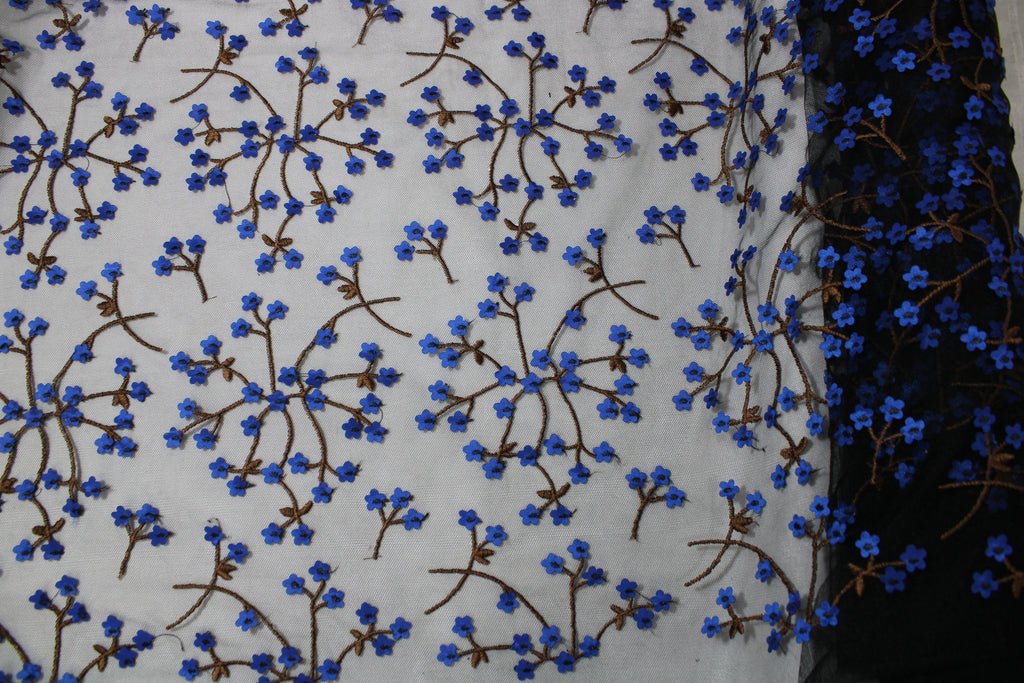 Tul bordado Con Flores 3d Y Ramajes Color Azul Rey A621 — Palacio Glamour