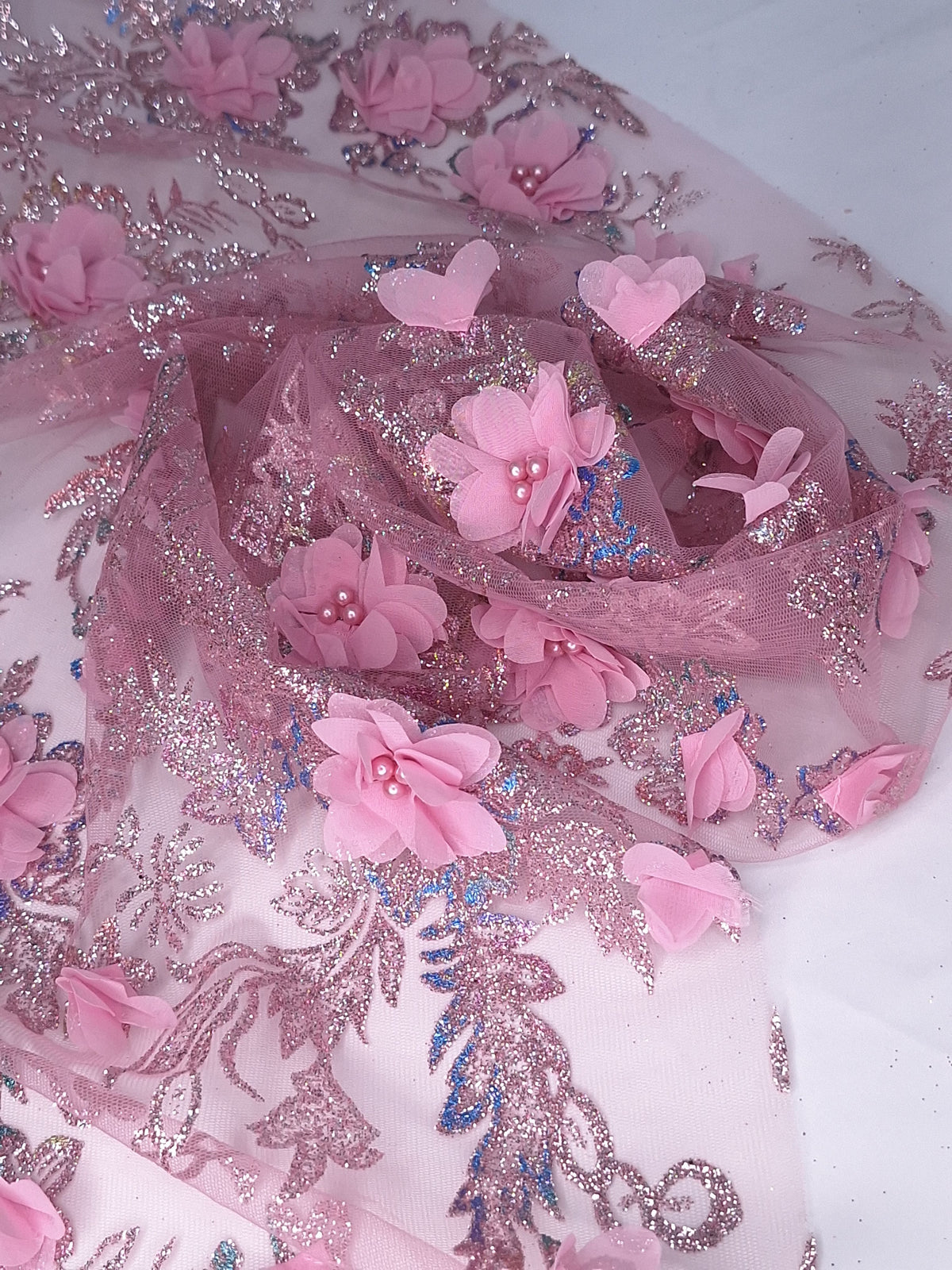 Tul bordado color palo de rosa H097, para vestidos de boda de noche y de ceremonia — Palacio Glamour